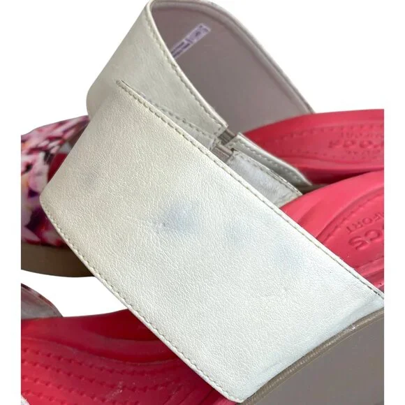Crocs Wedge Sandals Slip On Shoes Double Strap Pink White Flower Floral Size 10 - Picture 5 of 7
